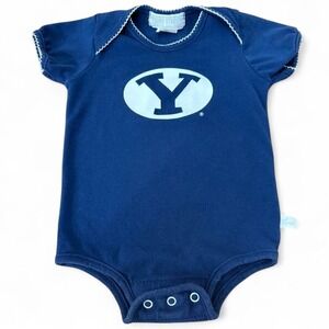 Navy blue BYU baby onesie with trim white stitching